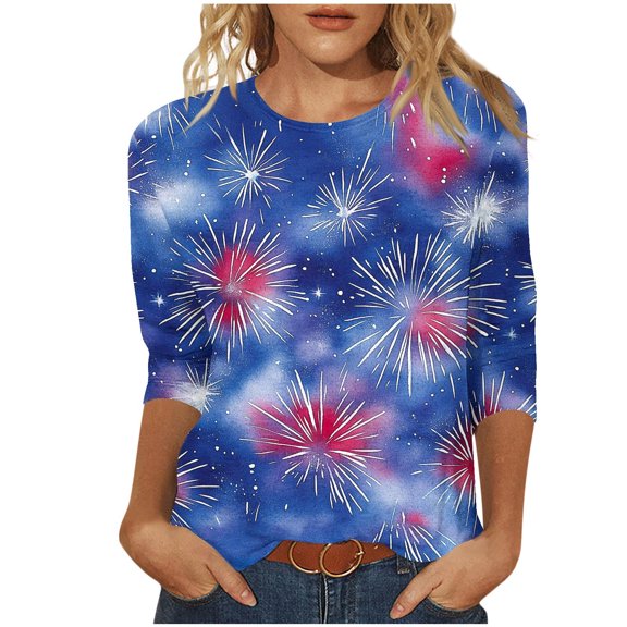 GERsome 4th of July T Shirts for Women 3/4 Sleeve Patriotic Pullover Tops Casual American Flag Shirts Crewneck Loose-Fit Blouses S-5XL