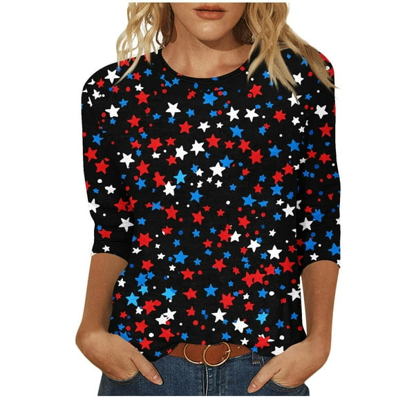 GERsome 4th of July T Shirts for Women 3/4 Sleeve Patriotic Pullover Tops Casual American Flag Shirts Crewneck Loose-Fit Blouses S-5XL
