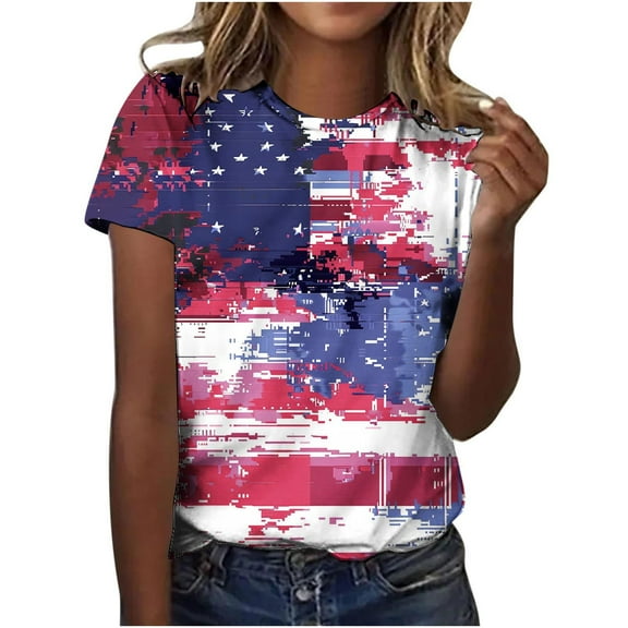 GERsome 4th of July T Shirts for Women Short Sleeve Patriotic Pullover Tops Casual American Flag Shirts Crewneck Loose-Fit Blouses S-2XL