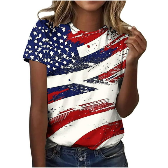 GERsome 4th of July T Shirts for Women Short Sleeve Patriotic Pullover Tops Casual American Flag Shirts Crewneck Loose-Fit Blouses S-2XL