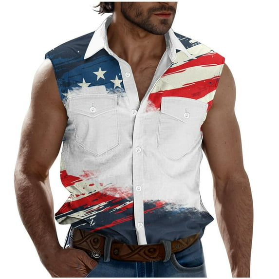 GERsome 4th of July Tank Tops Men's Sleeveless Patriotic T Shirts Summer Button Up Shirts American Flag Stars Stripes Graphic Tees S-3XL