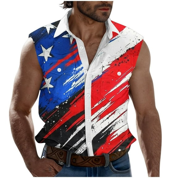 GERsome 4th of July Tank Tops Mens Sleeveless Button Down Muscle Tee American Flag Stars Stripes Graphic Tees S-3XL