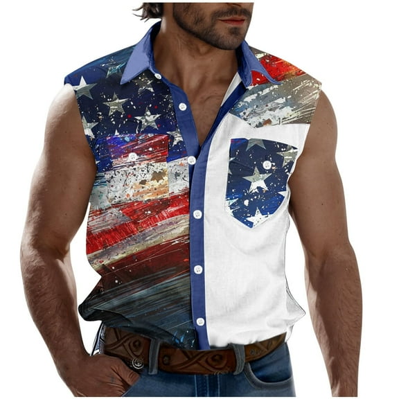 GERsome 4th of July Tank Tops Mens Sleeveless Button Down Muscle Tee American Flag Stars Stripes Graphic Tees S-3XL