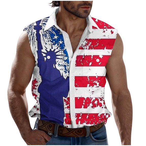 GERsome 4th of July Tank Tops Mens Sleeveless Button Down Muscle Tee American Flag Stars Stripes Graphic Tees S-3XL