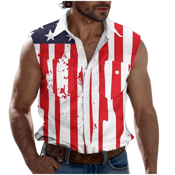 GERsome 4th of July Tank Tops Mens Sleeveless Button Down Muscle Tee American Flag Stars Stripes Graphic Tees S-3XL