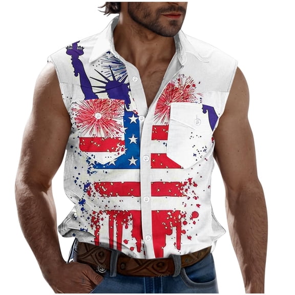 GERsome 4th of July Tank Tops Mens Sleeveless Button Down Muscle Tee American Flag Stars Stripes Graphic Tees S-3XL