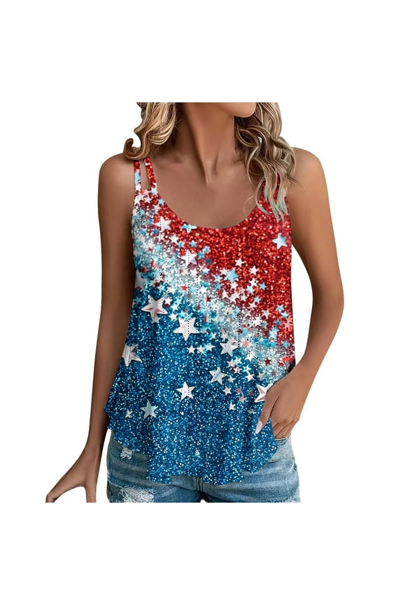 4th of July Tank Tops for Women Summer American Flag Graphic Tees Crewneck Sleeveless Flowy Loose T-Shirts S-3XL