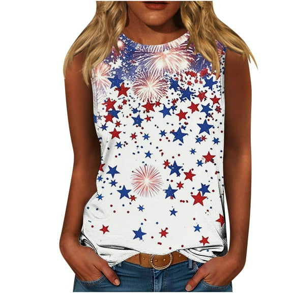 GERsome 4th of July Tank Tops for Women Summer American Flag Patriotic Tank Crewneck Sleeveless Loose T-Shirts S-5XL