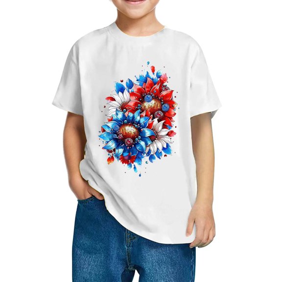 GERsome 4th of July Tops for Unisex Kids Cotton Short Sleeve Crew Neck Patriotic American Flag T Shirts Loose Fit Blouses Summer Tees, 5-6 Years