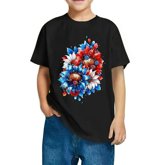 GERsome 4th of July Tops for Unisex Kids Cotton Short Sleeve Crew Neck Patriotic American Flag T Shirts Loose Fit Blouses Summer Tees, 5-6 Years
