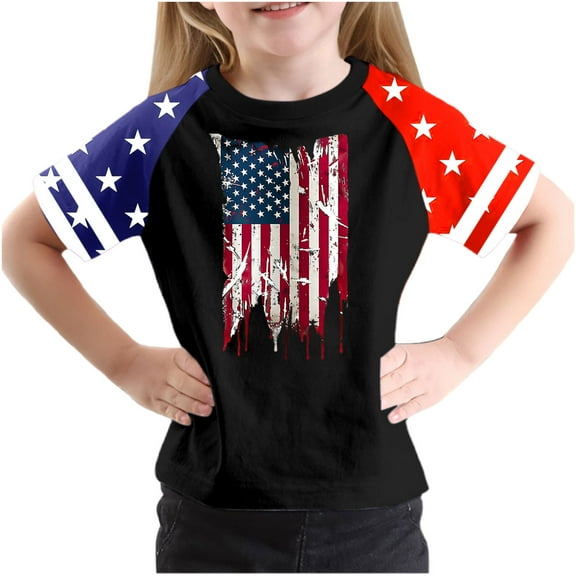 GERsome 4th of July Tops for Unisex Kids Short Sleeve Crew Neck Patriotic American Flag T Shirts Loose Fit Blouses Summer Tees, 5-6 Years