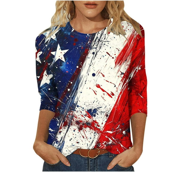 GERsome 4th of July Tops for Women 3/4 Sleeve American Flag Shirts Crewneck Loose Fit Tshirts USA Patriotic Graphic Summer Tees S-2XL