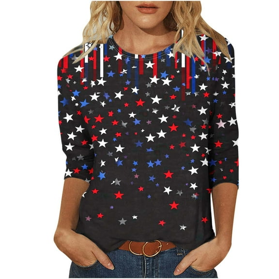 GERsome 4th of July Tops for Women 3/4 Sleeve American Flag Shirts Crewneck Loose Fit Tshirts USA Patriotic Graphic Summer Tees S-2XL