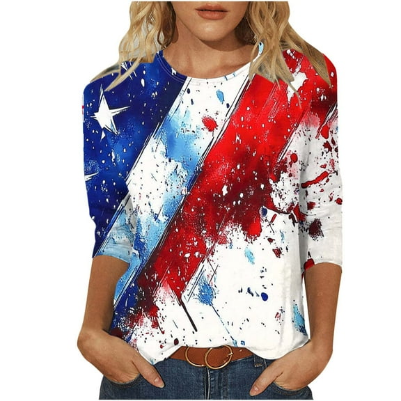 GERsome 4th of July Tops for Women 3/4 Sleeve American Flag Shirts Crewneck Loose Fit Tshirts USA Patriotic Graphic Summer Tees S-2XL