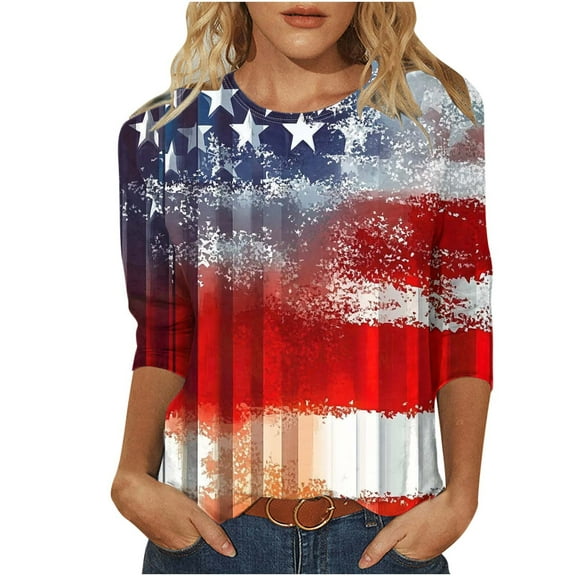 GERsome 4th of July Tops for Women 3/4 Sleeve American Flag Shirts Crewneck Loose Fit Tshirts USA Patriotic Graphic Summer Tees S-2XL
