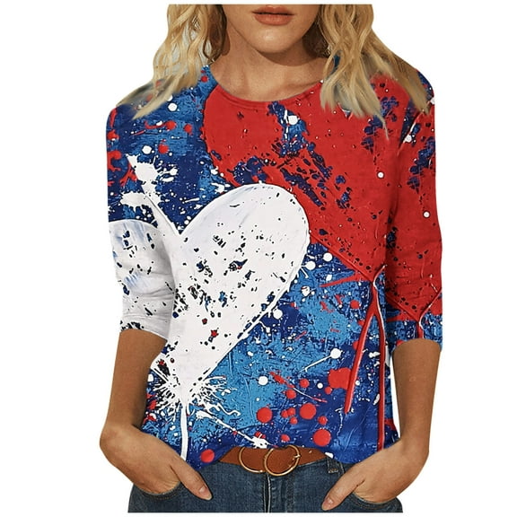 GERsome 4th of July Tops for Women Casual 3/4 Sleeve Crew Neck Patriotic American Flag T Shirts Loose Fit Blouses Summer Tees S-3XL
