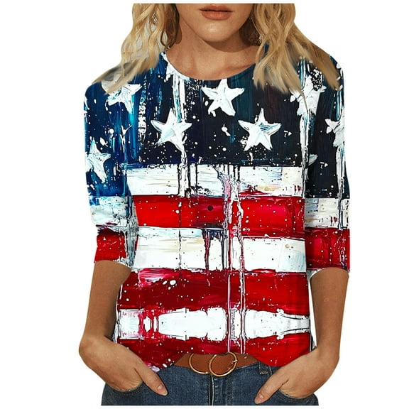 GERsome 4th of July Tops for Women Casual 3/4 Sleeve Crew Neck Patriotic American Flag T Shirts Loose Fit Blouses Summer Tees S-3XL
