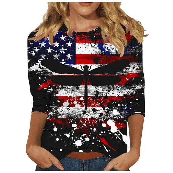 GERsome 4th of July Tops for Women Casual 3/4 Sleeve Crew Neck Patriotic American Flag T Shirts Loose Fit Blouses Summer Tees S-3XL