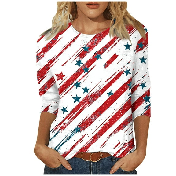 GERsome 4th of July Tops for Women Casual 3/4 Sleeve Crew Neck Patriotic American Flag T Shirts Loose Fit Blouses Summer Tees S-3XL