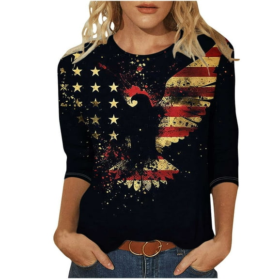 GERsome 4th of July Tops for Women Crewneck 3/4 Sleeve T Shirts American Flag Tunic Tops Loose Fit USA Patriotic Graphic Summer Tees S-2XL