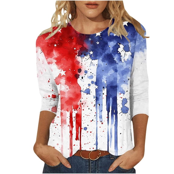 GERsome 4th of July Tops for Women Crewneck 3/4 Sleeve T Shirts American Flag Tunic Tops Loose Fit USA Patriotic Graphic Summer Tees S-2XL