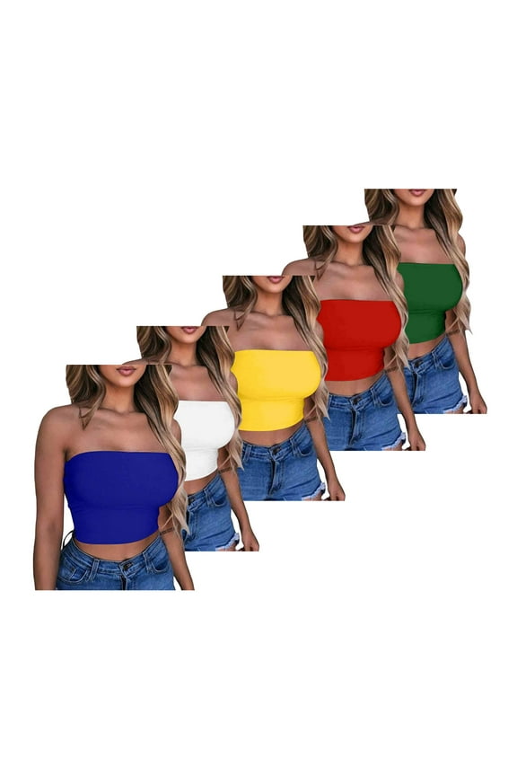5 Pack Tube Tops for Women Slim Fit Crop Tops Going Out Strapless Tank Tops Women's Solid Casual Summer Tube Top