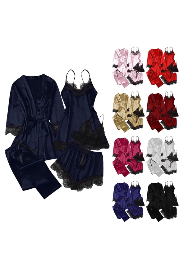 5 Piece Womens Satin Pajama Set, Lace Cami Shorts Sleepwear with Robe Soft Nightwear S-3XL