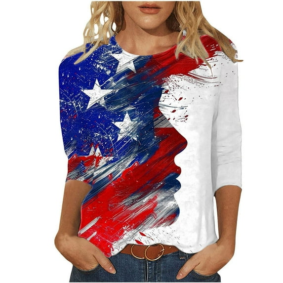 GERsome American Flag Shirts for Women 4th of July 3/4 Sleeve T Shirt Funny USA Graphic Tees Patriotic Casual Pullover Tops S-5XL