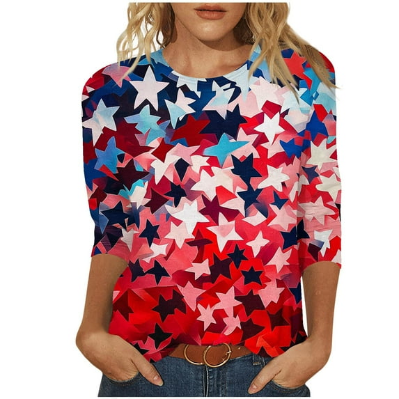 GERsome American Flag Shirts for Women 4th of July 3/4 Sleeve T Shirt Funny USA Graphic Tees Patriotic Casual Pullover Tops S-5XL