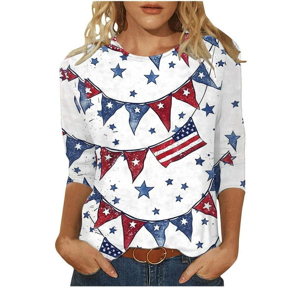 GERsome American Flag Shirts for Women 4th of July 3/4 Sleeve T Shirt Funny USA Graphic Tees Patriotic Casual Pullover Tops S-5XL