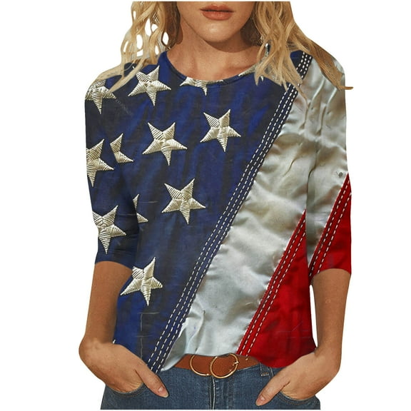 GERsome American Flag T-Shirt for Women 3/4 Sleeve Crewneck 4th of July Patriotic Shirts Loose Fit USA Star Stripes Graphic Tee S-5XL