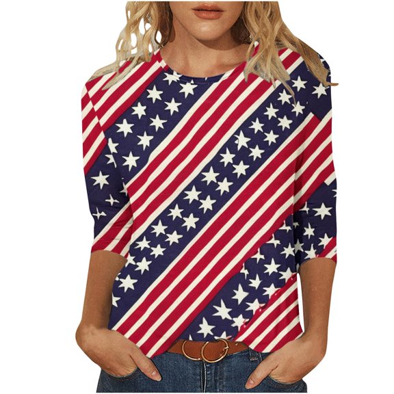 GERsome American Flag T-Shirt for Women 3/4 Sleeve Crewneck 4th of July Patriotic Shirts Loose Fit USA Star Stripes Graphic Tee S-5XL