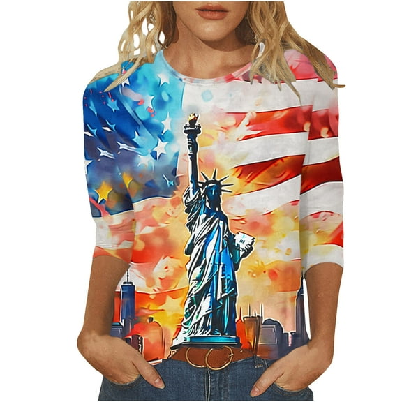 GERsome American Flag T-Shirt for Women 3/4 Sleeve Crewneck 4th of July Patriotic Shirts Loose Fit USA Star Stripes Graphic Tee S-5XL