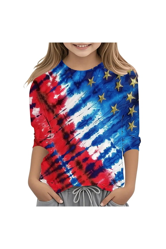 American Flag T-Shirts for Kids Girls Summer 3/4 Sleeve Crewneck Tshirts 4th of July Patriotic Tops USA Flag Stars Stripes Graphic Tee, Sizes 3-4 Years