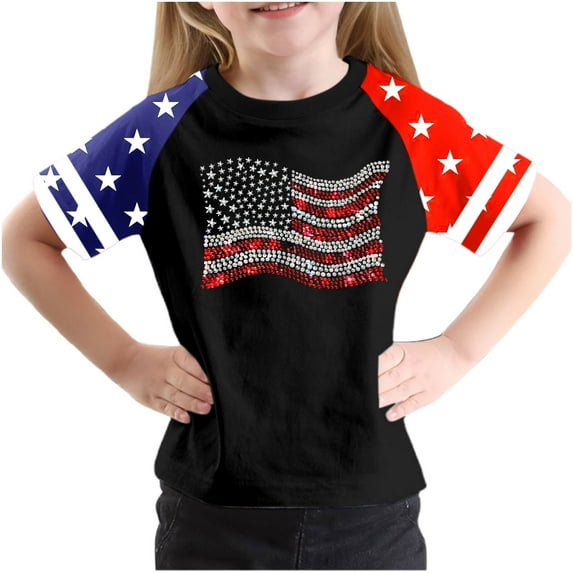 GERsome American Flag T-Shirts Short Sleeves Graphic Tee for Toddler Girls Boys, Unisex Kids Crewneck 4th of July Patriotic Tops, 7-8 Years