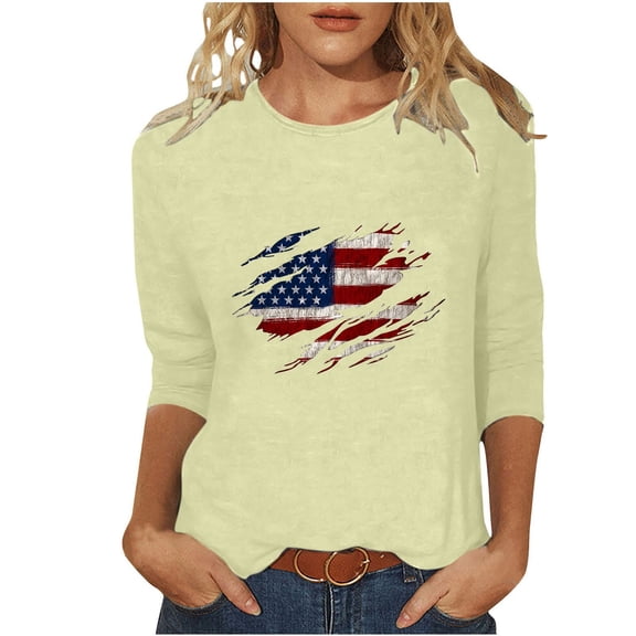GERsome American Flag T-Shirts for Women 3/4 Sleeve Crew Neck 4th of July USA Patriotic Casual Graphic Tees Summer Loose Fit Pullover Tops S-2XL