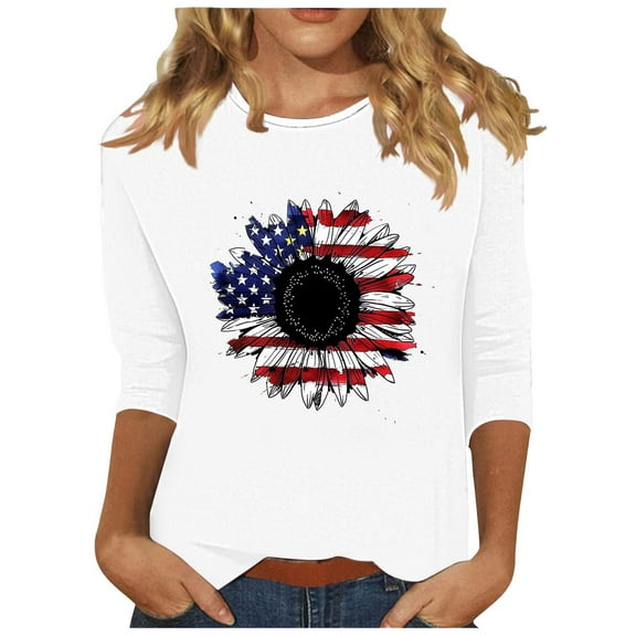 GERsome American Flag T Shirts for Women 4th of July Tops USA Graphic Crewneck Shirts Casual 3/4 Sleeve American Proud Tops White S-3XL