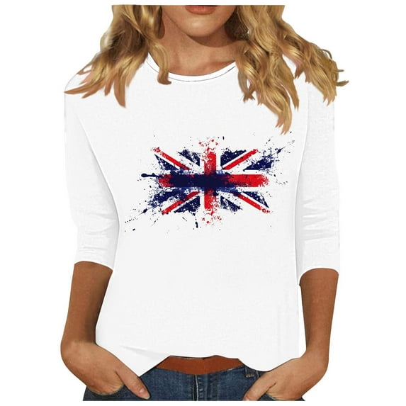 GERsome American Flag T Shirts for Women 4th of July Tops USA Graphic Crewneck Shirts Casual 3/4 Sleeve American Proud Tops White S-3XL