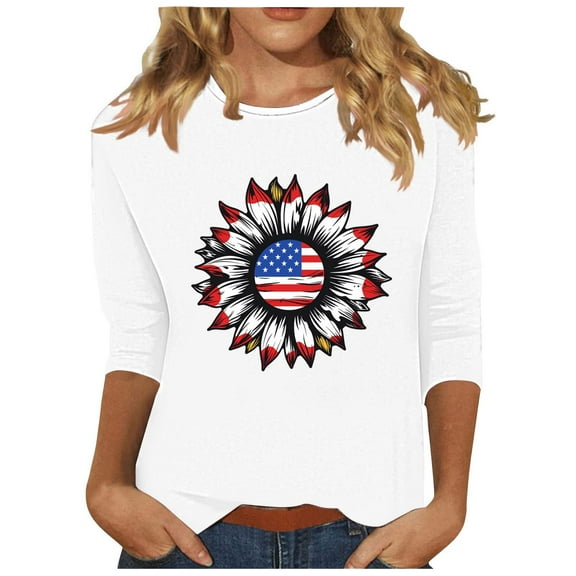 GERsome American Flag T Shirts for Women 4th of July Tops USA Graphic Crewneck Shirts Casual 3/4 Sleeve American Proud Tops White S-3XL