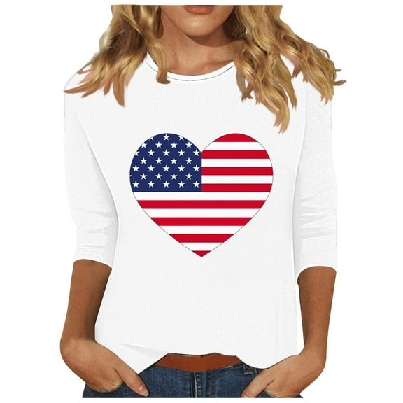 GERsome American Flag T Shirts for Women 4th of July Tops USA Graphic Crewneck Shirts Casual 3/4 Sleeve American Proud Tops White S-3XL