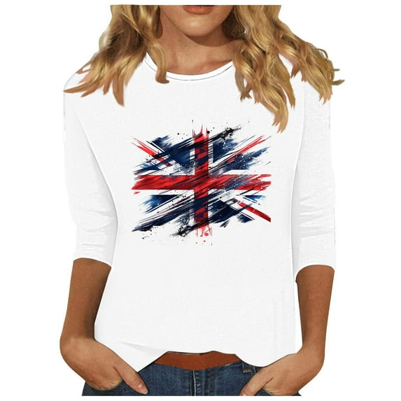 GERsome American Flag T Shirts for Women 4th of July Tops USA Graphic Crewneck Shirts Casual 3/4 Sleeve American Proud Tops White S-3XL