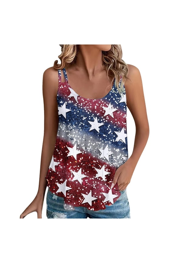 American Flag Tank Tops for Women 4th of July Sleeveless Crew Neck Tshirts USA Flag Stars Stripes Graphic Tees S-3XL