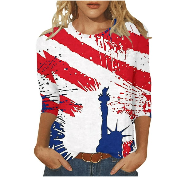 GERsome American Flag Tops for Women 4th of July Patriotic T-Shirt USA Flag Stars Stripes Graphic 3/4 Sleeve Crewneck Shirts Loose Fit Summer Tee S-5XL