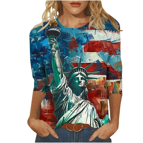 GERsome American Flag Tops for Women 4th of July Patriotic T-Shirt USA Flag Stars Stripes Graphic 3/4 Sleeve Crewneck Shirts Loose Fit Summer Tee S-5XL