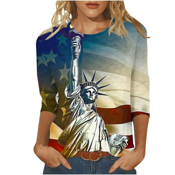 GERsome American Flag Tops for Women 4th of July Patriotic T-Shirt USA Flag Stars Stripes Graphic 3/4 Sleeve Crewneck Shirts Loose Fit Summer Tee S-5XL