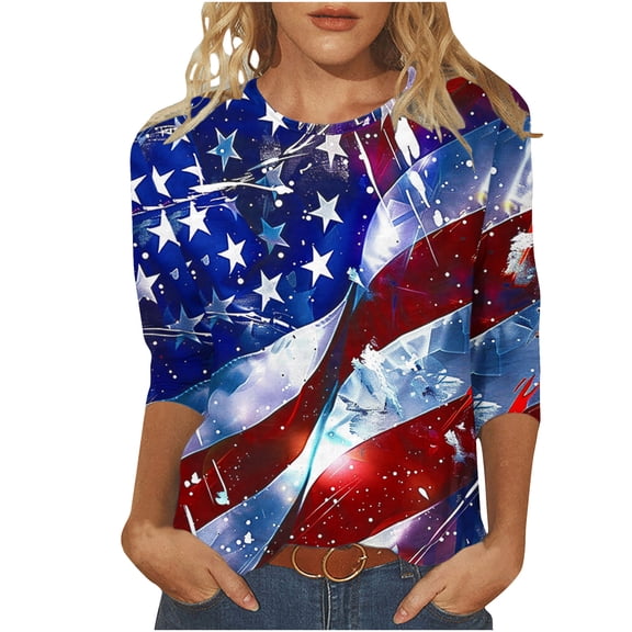 GERsome American Flag Tops for Women 4th of July Patriotic T-Shirt USA Flag Stars Stripes Graphic 3/4 Sleeve Crewneck Shirts Loose Fit Summer Tee S-5XL