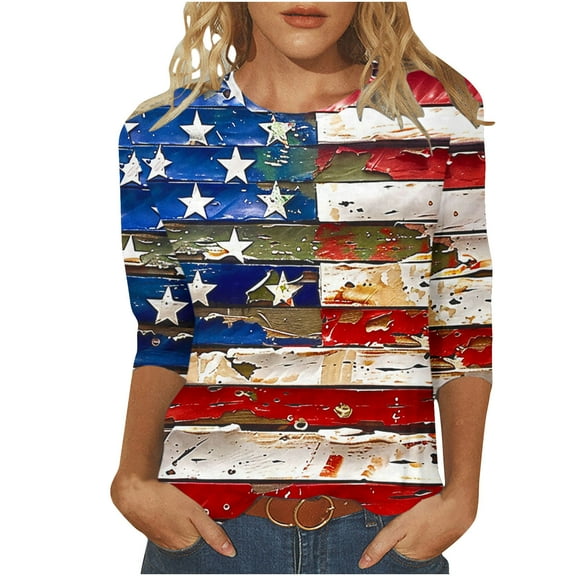 GERsome American Flag Tops for Women 4th of July Patriotic T-Shirt USA Flag Stars Stripes Graphic 3/4 Sleeve Crewneck Shirts Loose Fit Summer Tee S-5XL