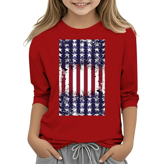 GERsome American Flag Unisex Kids 3/4 Sleeve Tshirts 4th of July Patriotic Crew Neck Pullover Tops USA Star Stripes Tshirts for Boys Girls, 5-6 Years