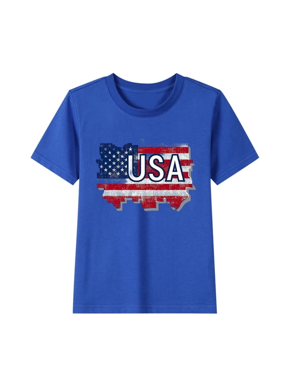 American Flag Unisex Kids Short Sleeve Tshirts 4th of July Patriotic Crew Neck Pullover Tops USA Star Stripes Tshirts for Boys Girls, Sizes 3-4 Years