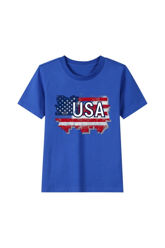 American Flag Unisex Kids Short Sleeve Tshirts 4th of July Patriotic Crew Neck Pullover Tops USA Star Stripes Tshirts for Boys Girls, Sizes 5-6 Years